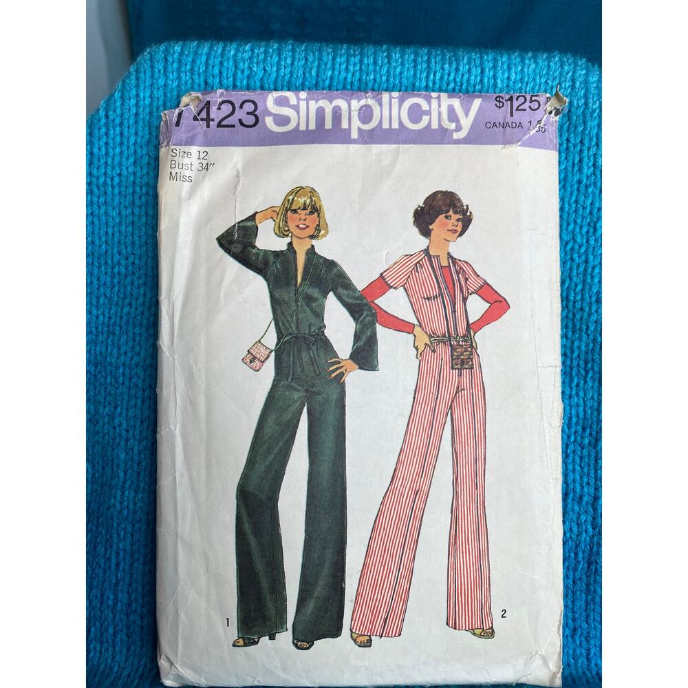 Simplicity 7423 Sewing pattern jumpsuit wide leg ribbon bag 1970s size 12